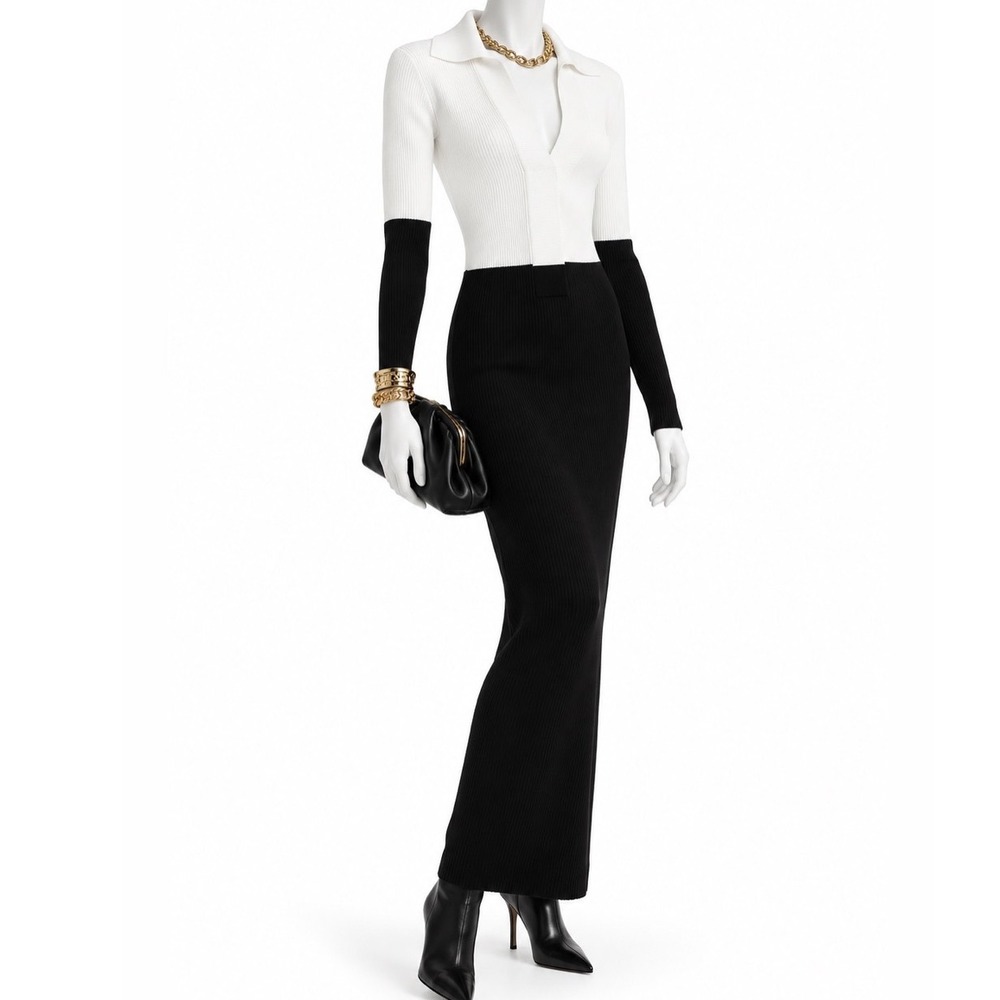 REMAIN NWOT Joy Colorblock Ribbed Knit Maxi Dress Black White | US Women's Sz 2